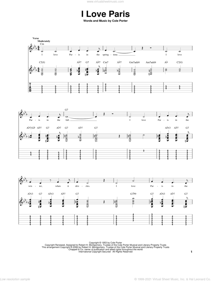 I Love Paris sheet music for guitar solo by Cole Porter, intermediate skill level