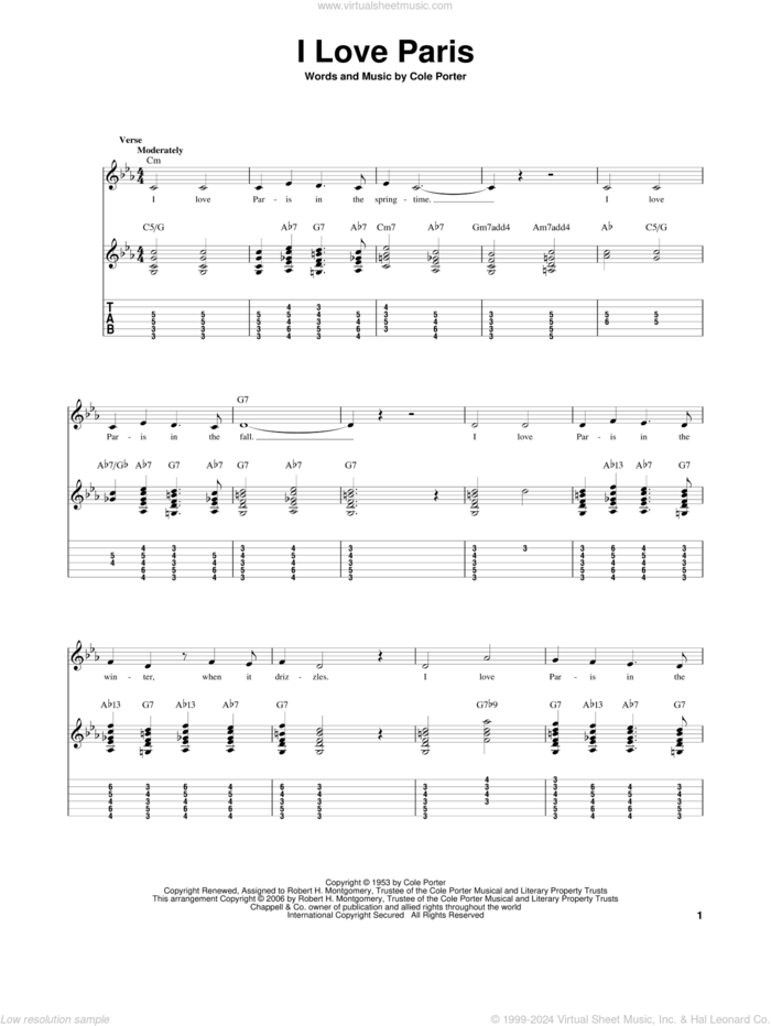 I Love Paris sheet music for guitar solo by Cole Porter, intermediate skill level