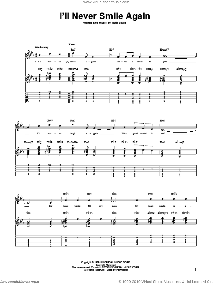 I'll Never Smile Again sheet music for guitar solo by Tommy Dorsey and Ruth Lowe, intermediate skill level