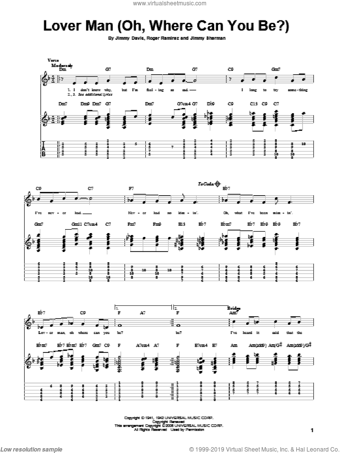 Lover Man (Oh, Where Can You Be?), (intermediate) sheet music for guitar solo by Billie Holiday, Jimmie Davis, Jimmy Sherman and Roger Ramirez, intermediate skill level