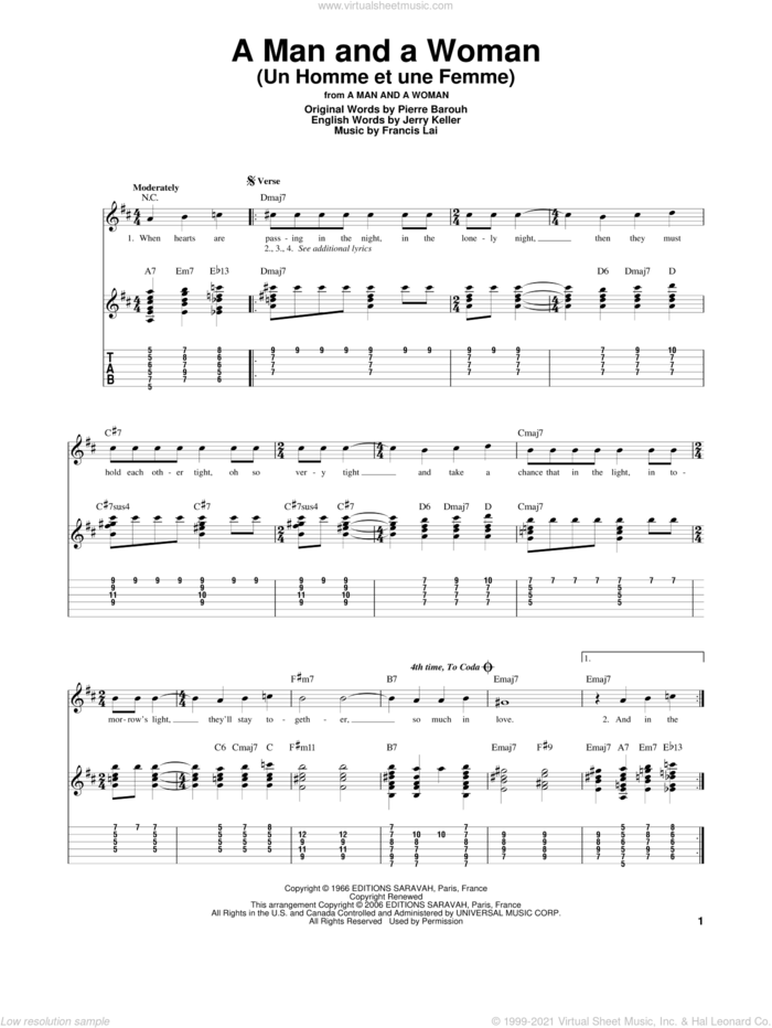 A Man And A Woman (Un Homme Et Une Femme) sheet music for guitar solo by Francis Lai, Jerry Keller and Pierre Barouh, intermediate skill level
