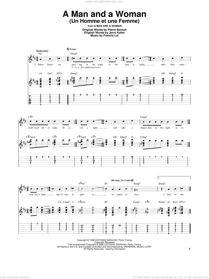 A Man And A Woman (Un Homme Et Une Femme) sheet music for guitar solo by Francis Lai, Jerry Keller and Pierre Barouh, intermediate skill level