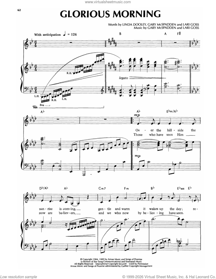 Glorious Morning sheet music for voice and piano by Sandi Patty, Sandi Patti, Gary McSpadden, Lari Goss and Linda Dooley, intermediate skill level