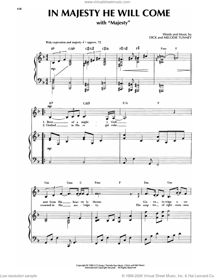 In Majesty He Will Come sheet music for voice and piano by Sandi Patty, Sandi Patti, Dick Tunney and Melodie Tunney, intermediate skill level