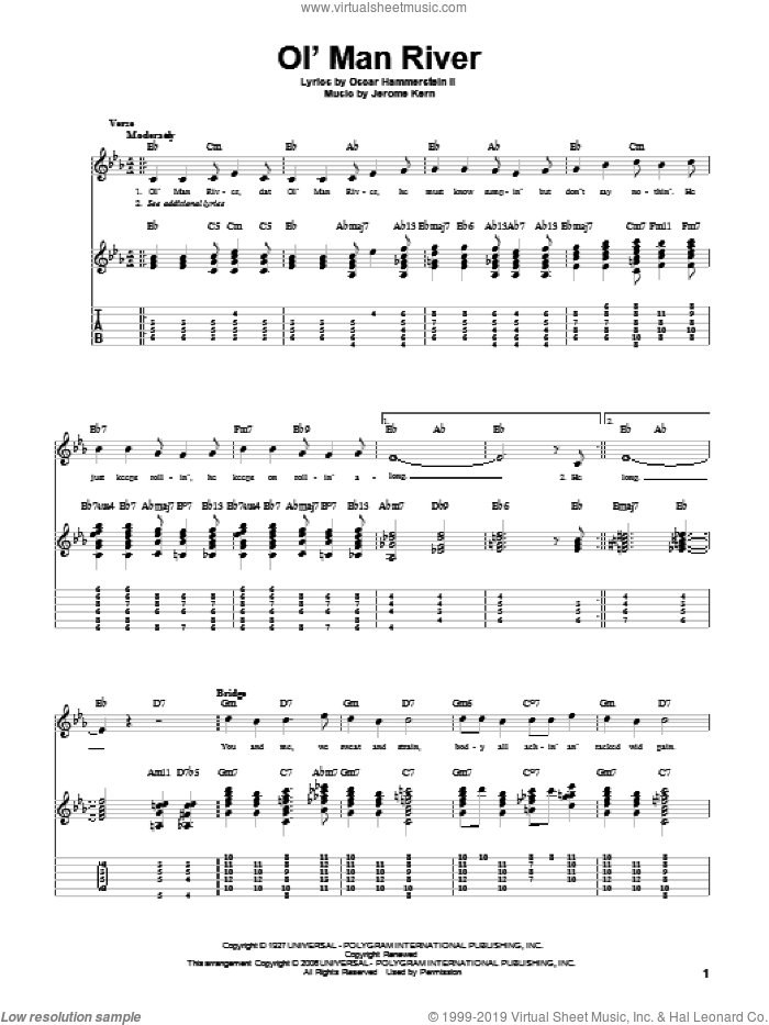 Ol' Man River sheet music for guitar solo by Jerome Kern, Show Boat (Musical) and Oscar II Hammerstein, intermediate skill level