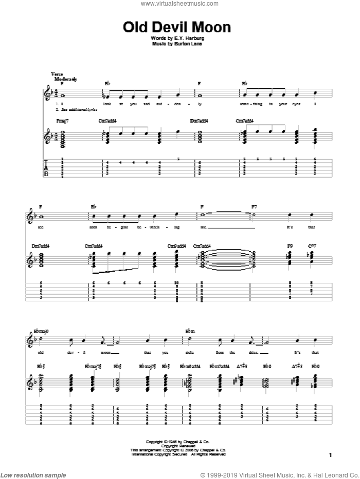 Old Devil Moon sheet music for guitar solo by E.Y. Harburg and Burton Lane, intermediate skill level