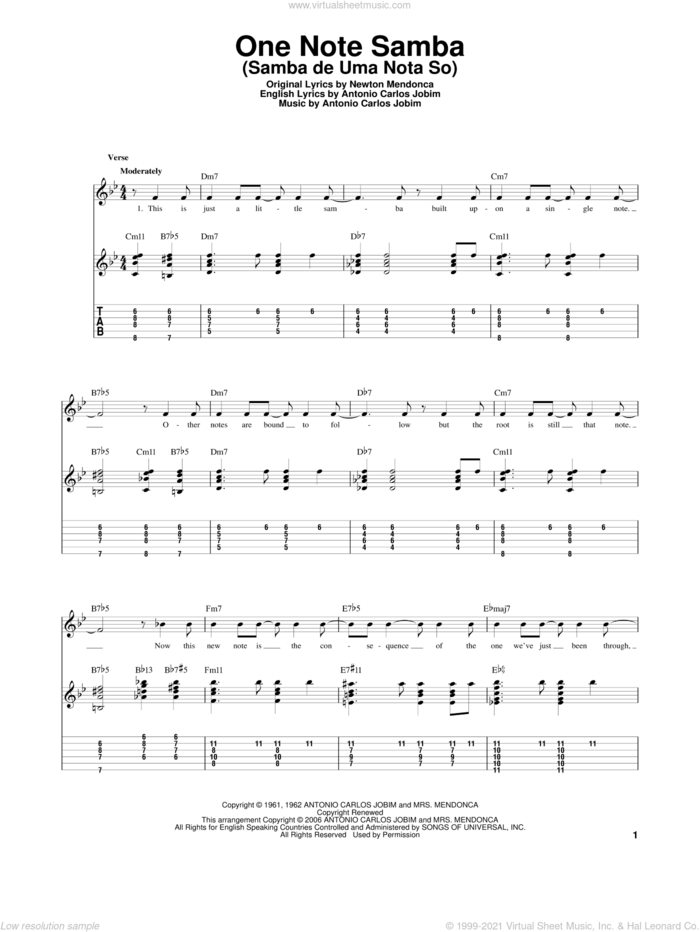 One Note Samba (Samba De Uma Nota So), (intermediate) sheet music for guitar solo by Antonio Carlos Jobim and Newton Mendonca, intermediate skill level