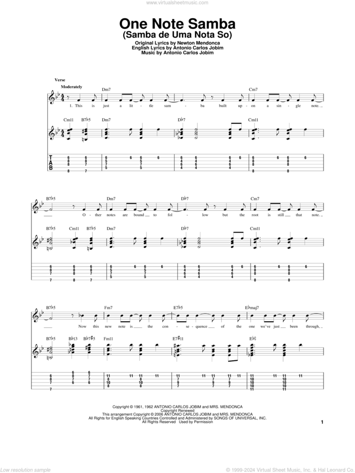 One Note Samba (Samba De Uma Nota So), (intermediate) sheet music for guitar solo by Antonio Carlos Jobim and Newton Mendonca, intermediate skill level