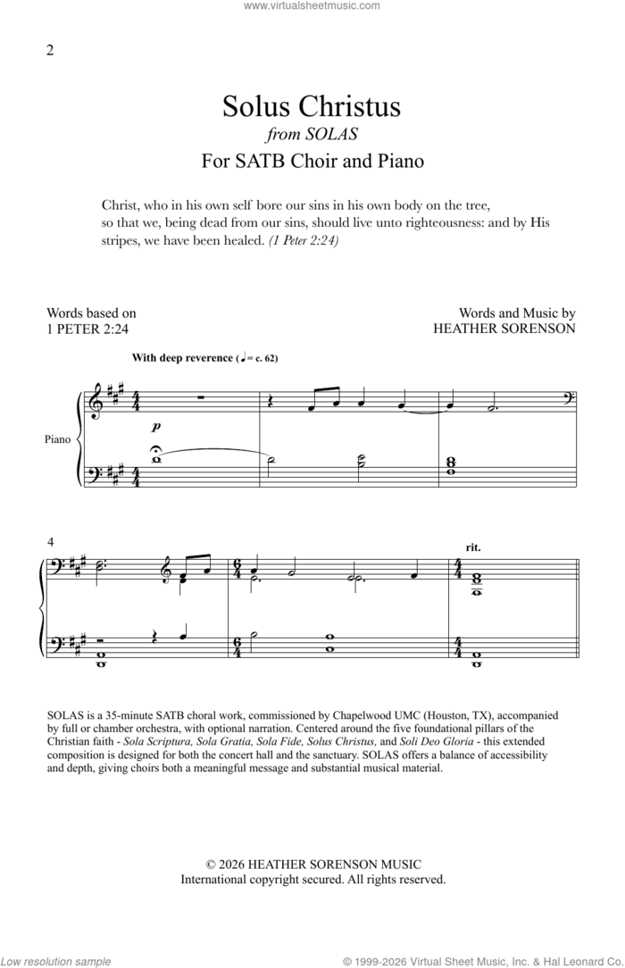Solus Christus sheet music for choir (SATB: soprano, alto, tenor, bass) by Heather Sorenson and 1 Peter 2:24, intermediate skill level