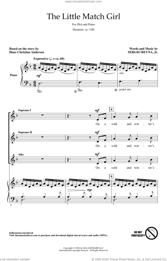 The Little Match Girl sheet music for choir (SSA: soprano, alto) by Sergio Reyna, Jr. and Hans Christian Andersen, intermediate skill level