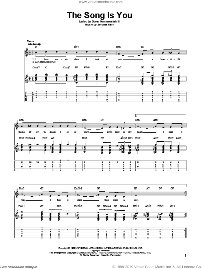 The Song Is You sheet music for guitar solo by Jerome Kern and Oscar II Hammerstein, intermediate skill level