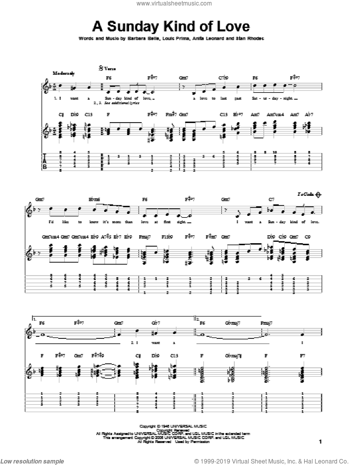 A Sunday Kind Of Love sheet music for guitar solo by Louis Prima, Reba McEntire, Anita Nye, Barbara Belle and Stan Rhodes, intermediate skill level
