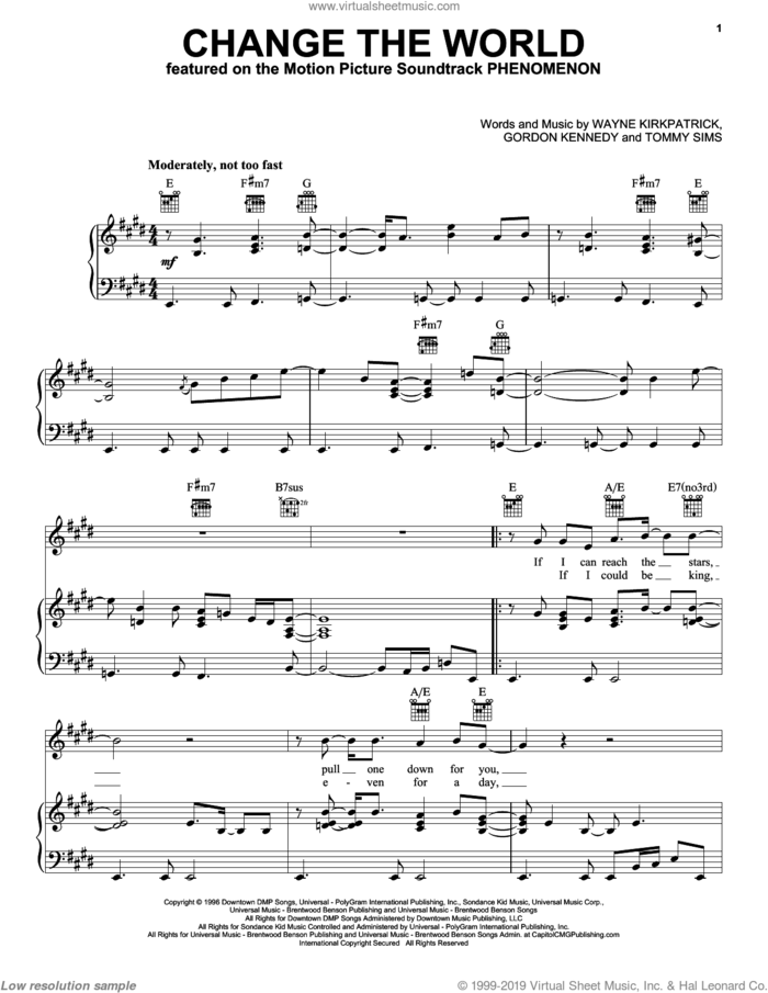 Change The World sheet music for voice, piano or guitar by Eric Clapton with Wynonna, Eric Clapton, Wynonna, Gordon Kennedy, Tommy Sims and Wayne Kirkpatrick, intermediate skill level