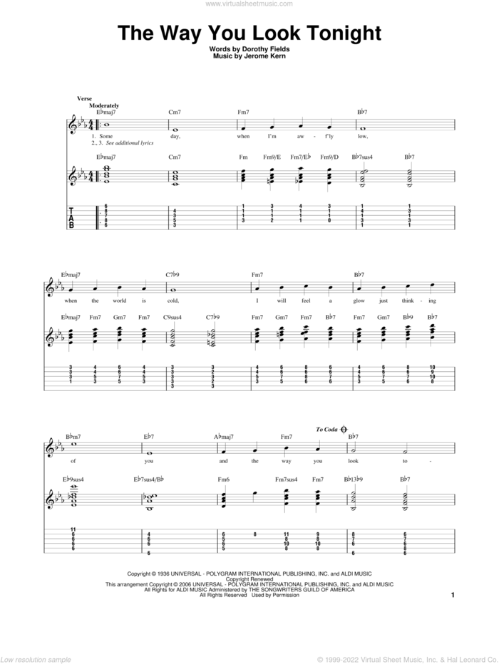 The Way You Look Tonight, (intermediate) sheet music for guitar solo by Jerome Kern and Dorothy Fields, wedding score, intermediate skill level