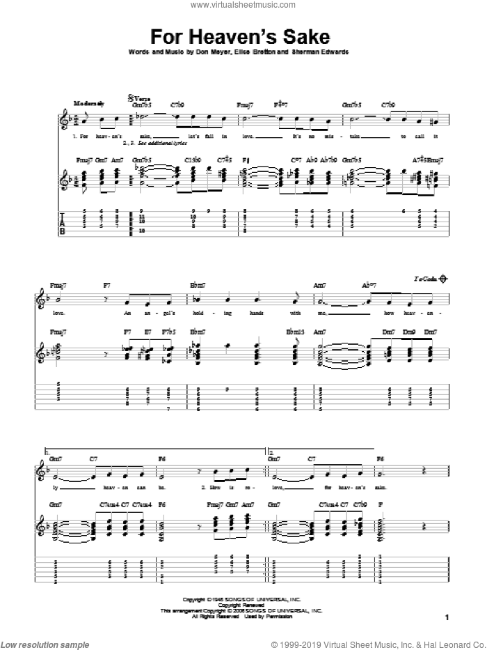 For Heaven's Sake sheet music for guitar solo by Bill Evans, Claude Thornhill, Don Meyer, Elise Bretton and Sherman Edwards, intermediate skill level