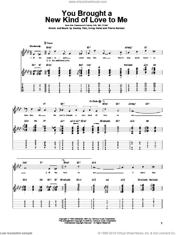 You Brought A New Kind Of Love To Me sheet music for guitar solo by Frank Sinatra, Irving Kahal, Pierre Norman and Sammy Fain, intermediate skill level