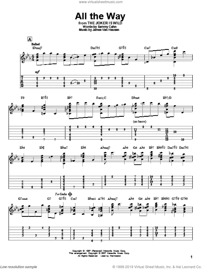 All The Way sheet music for guitar solo by Frank Sinatra, Jeff Arnold, Jimmy van Heusen and Sammy Cahn, intermediate skill level