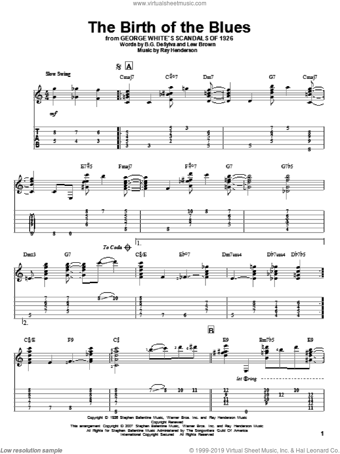 The Birth Of The Blues sheet music for guitar solo by Lew Brown, Jeff Arnold, Buddy DeSylva and Ray Henderson, intermediate skill level