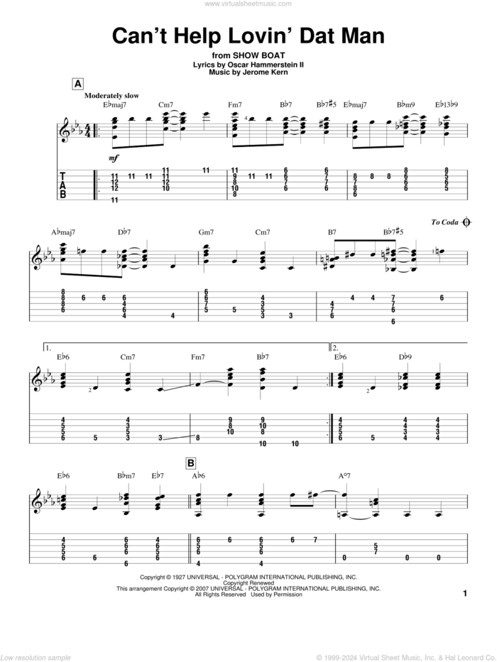 Can't Help Lovin' Dat Man sheet music for guitar solo by Jerome Kern, Jeff Arnold, Annette Warren, Helen Morgan, Show Boat (Musical) and Oscar II Hammerstein, intermediate skill level