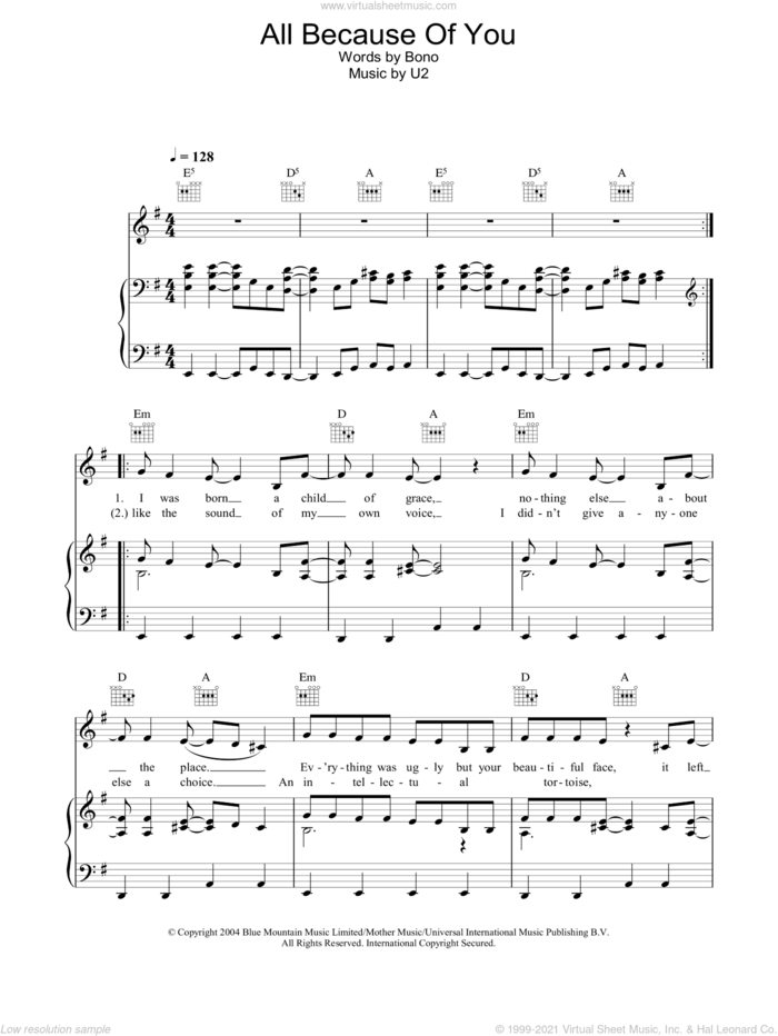 All Because Of You sheet music for voice, piano or guitar by U2 and Bono, intermediate skill level