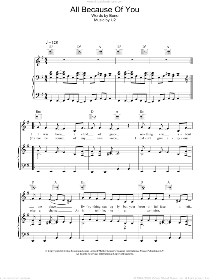 All Because Of You sheet music for voice, piano or guitar by U2 and Bono, intermediate skill level