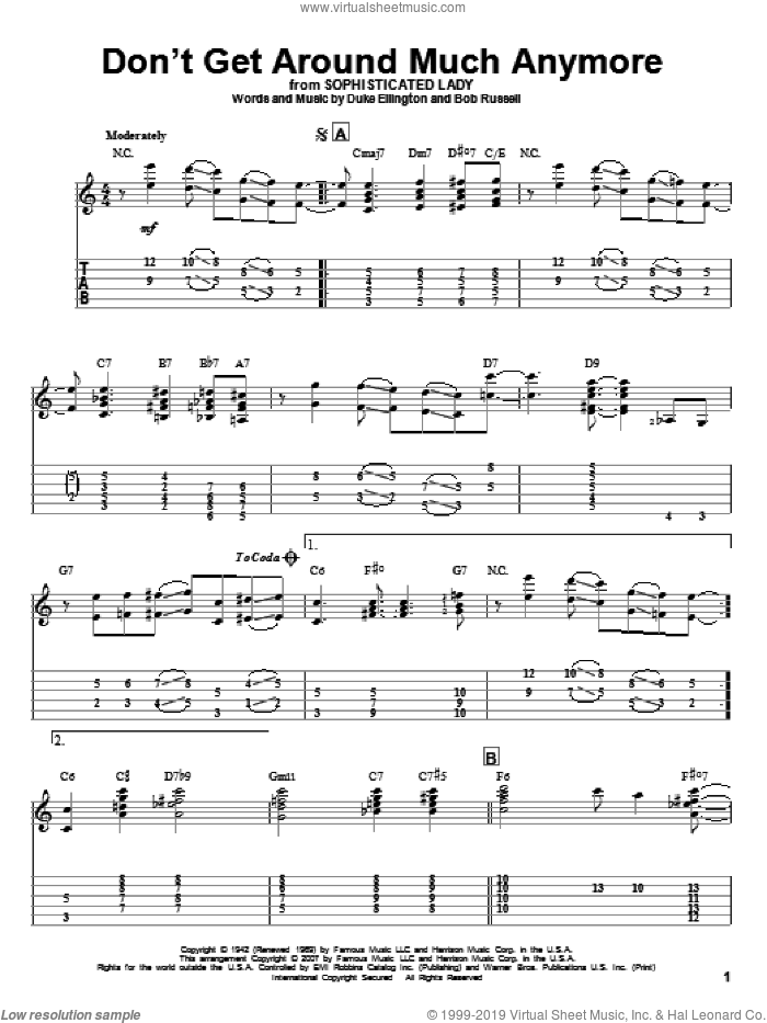 Don't Get Around Much Anymore sheet music for guitar solo by Duke Ellington, Jeff Arnold and Bob Russell, intermediate skill level