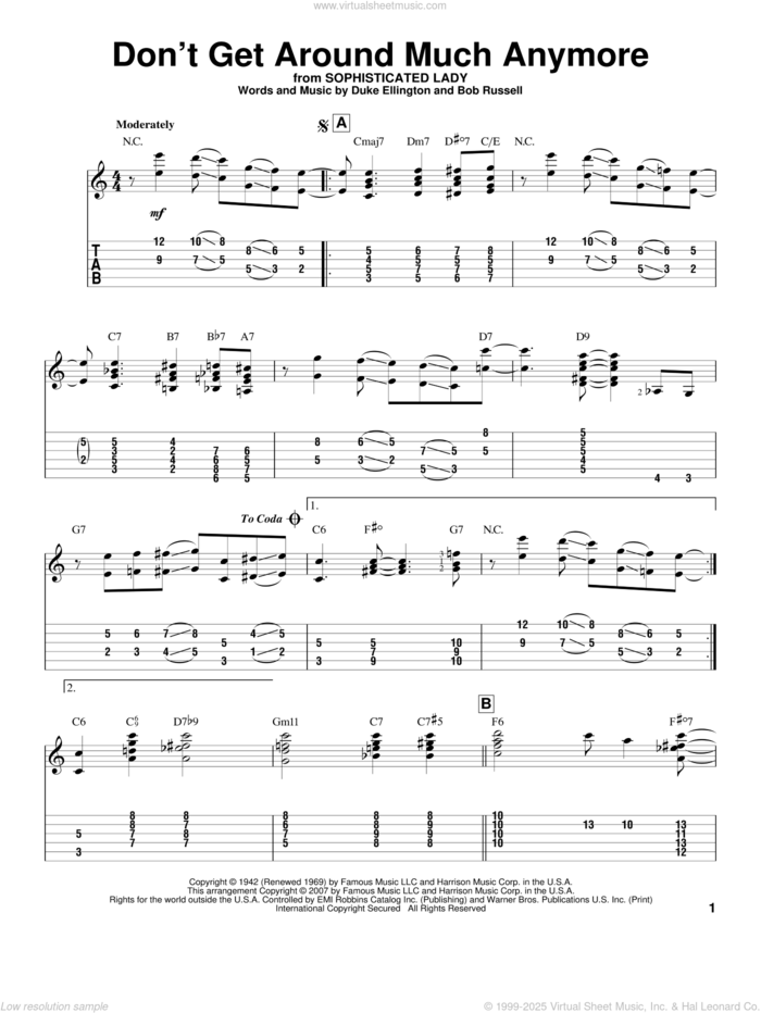 Don't Get Around Much Anymore sheet music for guitar solo by Duke Ellington, Jeff Arnold and Bob Russell, intermediate skill level