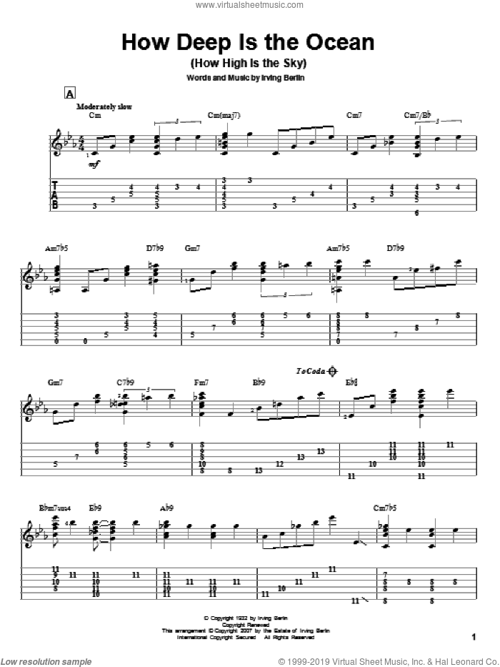 How Deep Is The Ocean (How High Is The Sky) sheet music for guitar solo by Irving Berlin, Jeff Arnold and Ben Webster, wedding score, intermediate skill level