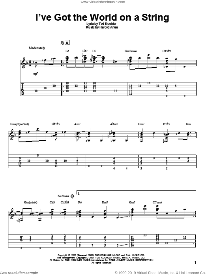 I've Got The World On A String sheet music for guitar solo by Harold Arlen, Jeff Arnold, Dick Hyman and Ted Koehler, intermediate skill level