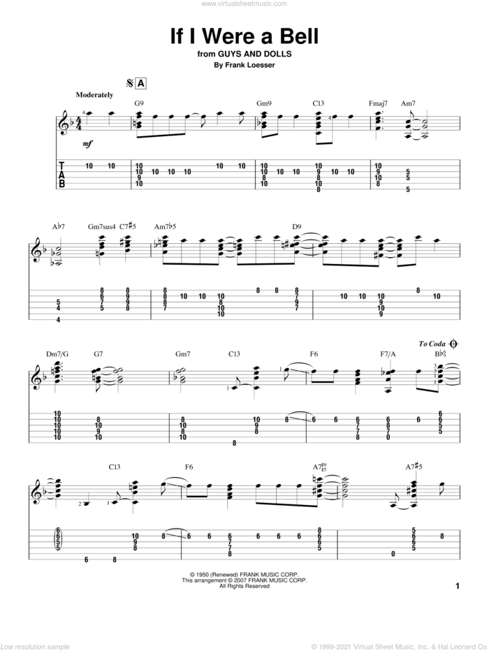 If I Were A Bell sheet music for guitar solo by Frank Loesser, Jeff Arnold and Guys And Dolls (Musical), intermediate skill level