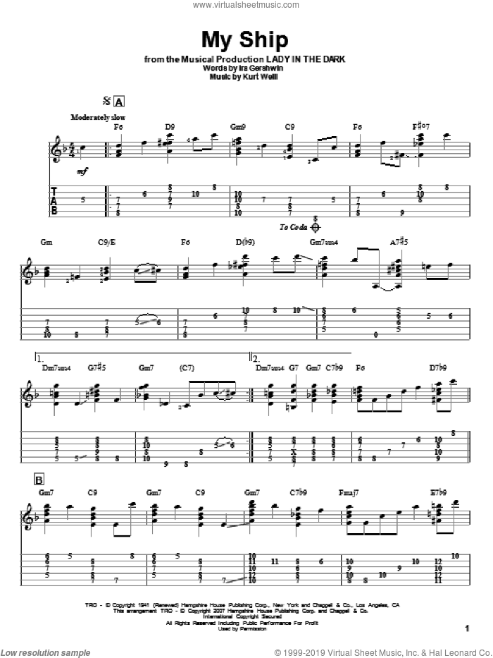My Ship sheet music for guitar solo by Kurt Weill, Jeff Arnold and Ira Gershwin, intermediate skill level