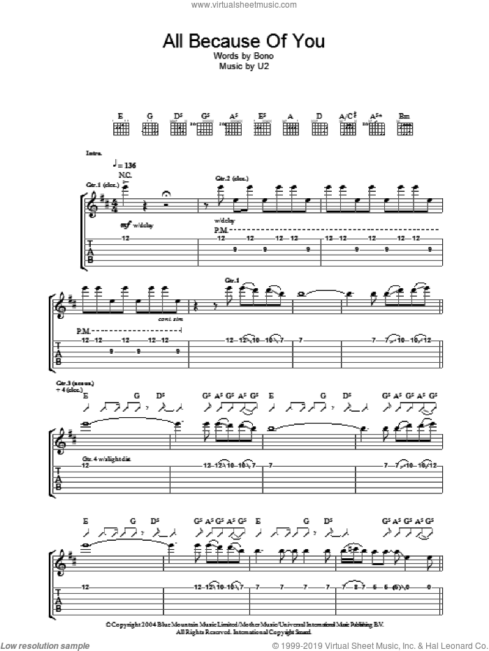 All Because Of You sheet music for guitar (tablature) by U2 and Bono, intermediate skill level