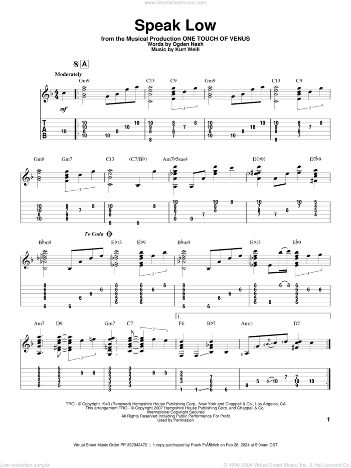 Speak Low sheet music for guitar solo by Kurt Weill, Jeff Arnold and Ogden Nash, intermediate skill level