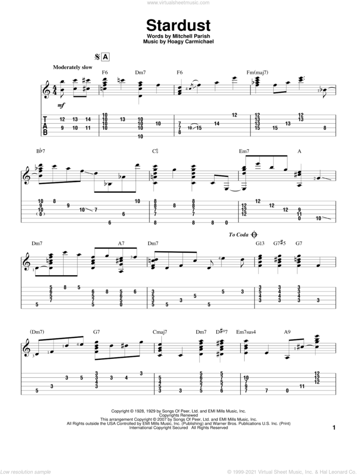 Stardust sheet music for guitar solo by Hoagy Carmichael, Jeff Arnold, Artie Shaw and Mitchell Parish, intermediate skill level