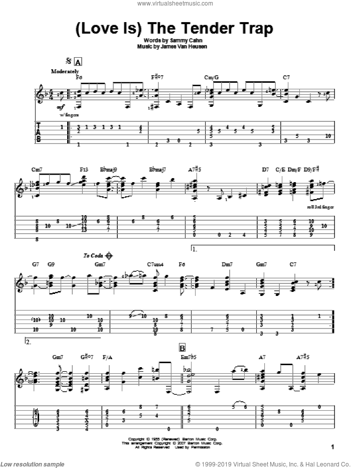 (Love Is) The Tender Trap sheet music for guitar solo by Frank Sinatra, Jeff Arnold, Jimmy van Heusen and Sammy Cahn, intermediate skill level
