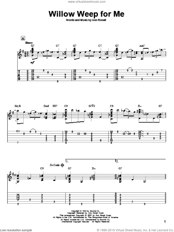 Willow Weep For Me sheet music for guitar solo by Chad & Jeremy, Jeff Arnold and Ann Ronell, intermediate skill level