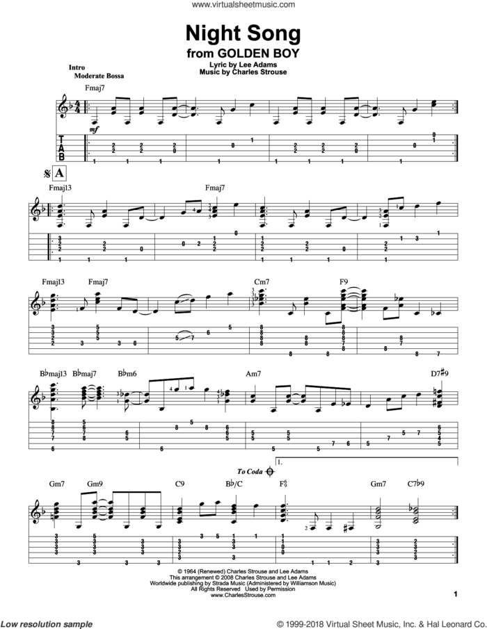 Night Song sheet music for guitar solo by Charles Strouse, Jeff Arnold and Lee Adams, intermediate skill level