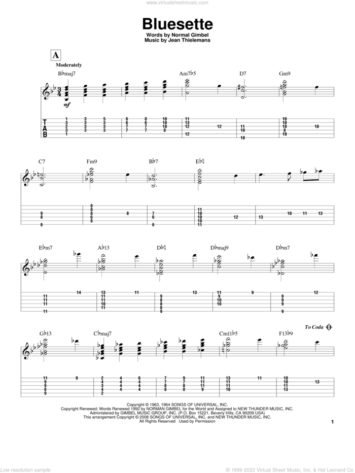 Bluesette sheet music for guitar solo by Norman Gimbel, Jeff Arnold, Sarah Vaughn, Toots Thielemans, Toots Thielmans and Jean Thielemans, intermediate skill level