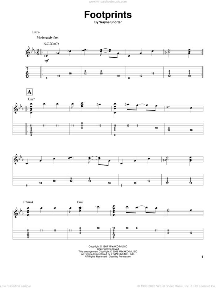 Footprints sheet music for guitar solo by Wayne Shorter and Jeff Arnold, intermediate skill level