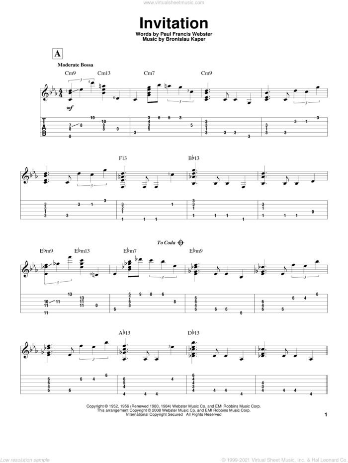 Invitation sheet music for guitar solo by Paul Francis Webster, Jeff Arnold and Bronislau Kaper, intermediate skill level