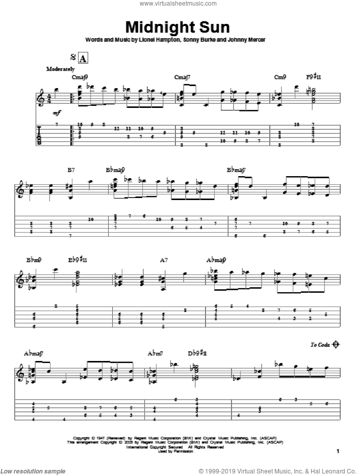 Midnight Sun sheet music for guitar solo by Lionel Hampton, Jeff Arnold, Johnny Mercer and Sonny Burke, intermediate skill level