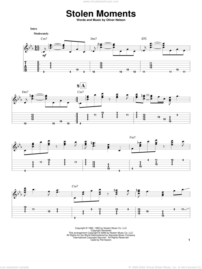 Stolen Moments sheet music for guitar solo by Oliver Nelson and Jeff Arnold, intermediate skill level