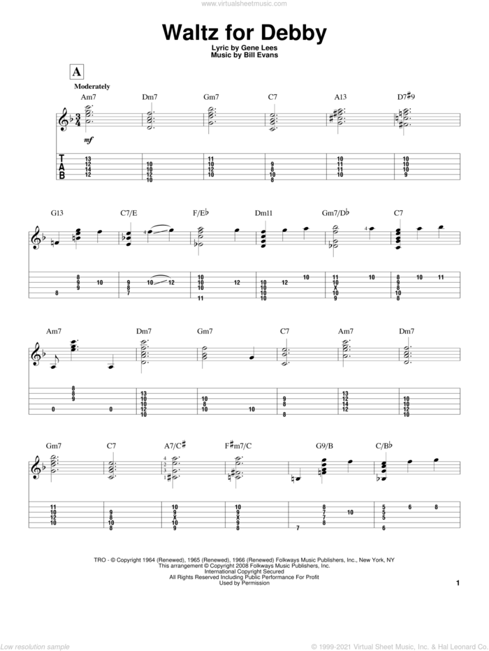 Waltz For Debby sheet music for guitar solo by Bill Evans, Jeff Arnold and Eugene John Lees, intermediate skill level