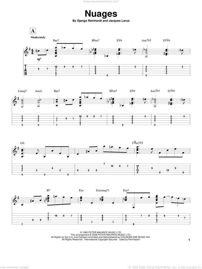 Nuages, (intermediate) sheet music for guitar solo by Django Reinhardt, Jeff Arnold and Jacques Larue, intermediate skill level
