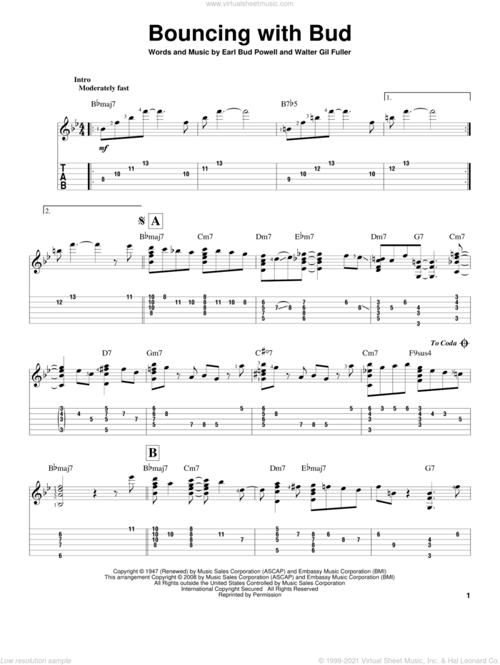 Bouncing With Bud sheet music for guitar solo by Bud Powell, Jeff Arnold and Walter Gil Fuller, intermediate skill level