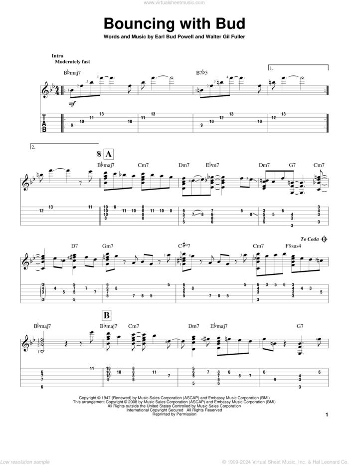 Bouncing With Bud sheet music for guitar solo by Bud Powell, Jeff Arnold and Walter Gil Fuller, intermediate skill level