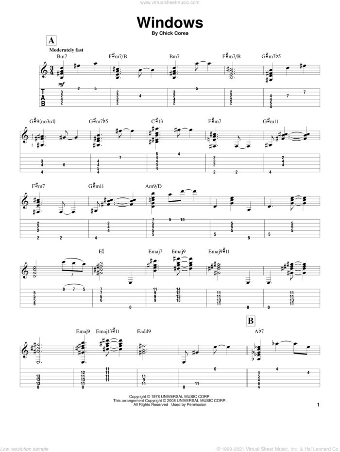 Windows sheet music for guitar solo by Chick Corea and Jeff Arnold, intermediate skill level