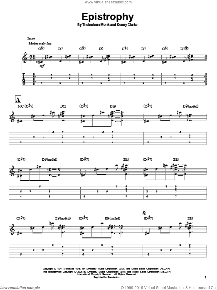 Epistrophy sheet music for guitar solo by Thelonious Monk, Jeff Arnold and Kenny Clarke, intermediate skill level