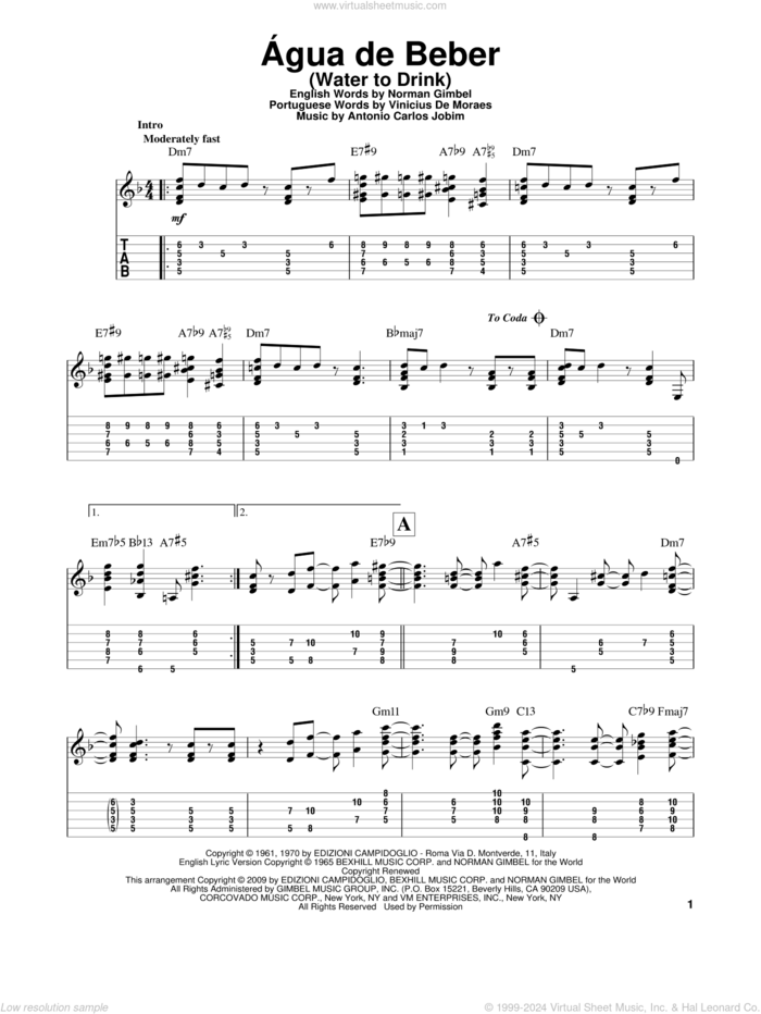 Agua De Beber (Water To Drink) sheet music for guitar solo by Antonio Carlos Jobim, Norman Gimbel and Vinicius de Moraes, intermediate skill level