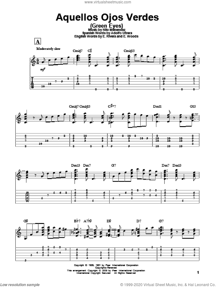 Aquellos Ojos Verdes (Green Eyes) sheet music for guitar solo by Nilo Menendez, Jimmy Dorsey, Adolfo Utrera, E. Rivera and E. Woods, intermediate skill level